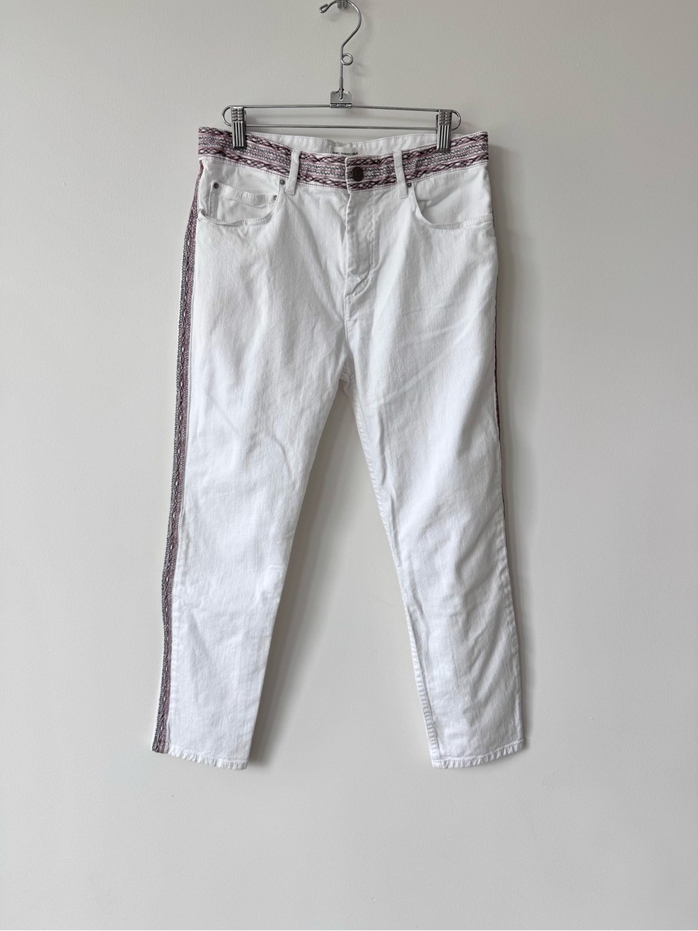 Isabel Marant White Jeans with Pink Embroidered Waistband and Side Seam - Sz 6US